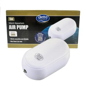 Betta Choice Silent Aquarium Air Pump 5w is recommended for aquariums up to 200L. AP012