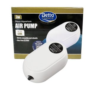 Betta Choice Silent Aquarium Air Pump 3w is recommended for aquariums up to 120L. AP011